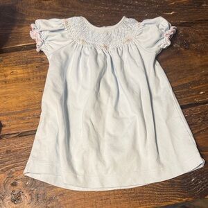 Petit Bebe 12 Month Charming Infant Smocked Dress in Light Blue with Pink Trim